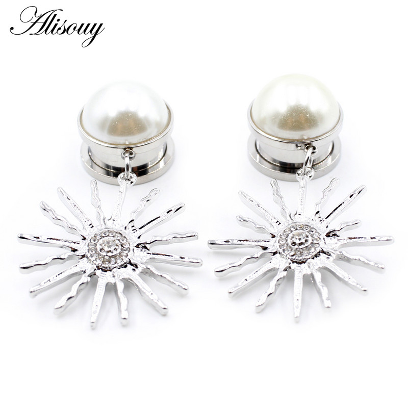 Alisouy 2PCS nerūdijančio plieno cirkonio perlų saulės gėlių pakabukas ausų kištukai tuneliai plėtimosi tempimo matuokliai kūno auskarų vėrimo papuošalai