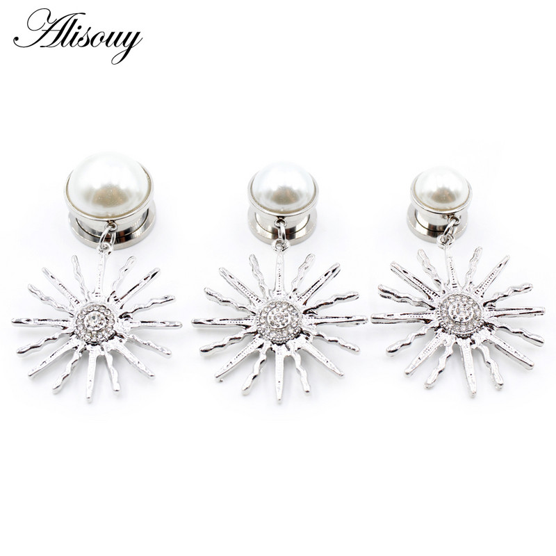 Alisouy 2PCS nerūdijančio plieno cirkonio perlų saulės gėlių pakabukas ausų kištukai tuneliai plėtimosi tempimo matuokliai kūno auskarų vėrimo papuošalai