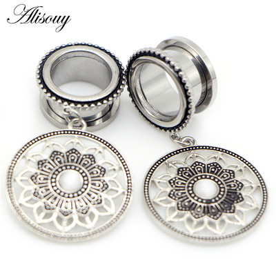 Alisouy 2 buc din oțel inoxidabil, retro, rotund, flori, opal, dopuri pentru urechi, tuneluri, expansor, piercing în carne, bijuterii pentru corp