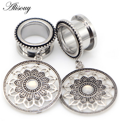 Alisouy 2 buc din oțel inoxidabil, retro, rotund, flori, opal, dopuri pentru urechi, tuneluri, expansor, piercing în carne, bijuterii pentru corp