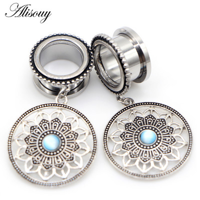 Alisouy 2 buc din oțel inoxidabil, retro, rotund, flori, opal, dopuri pentru urechi, tuneluri, expansor, piercing în carne, bijuterii pentru corp