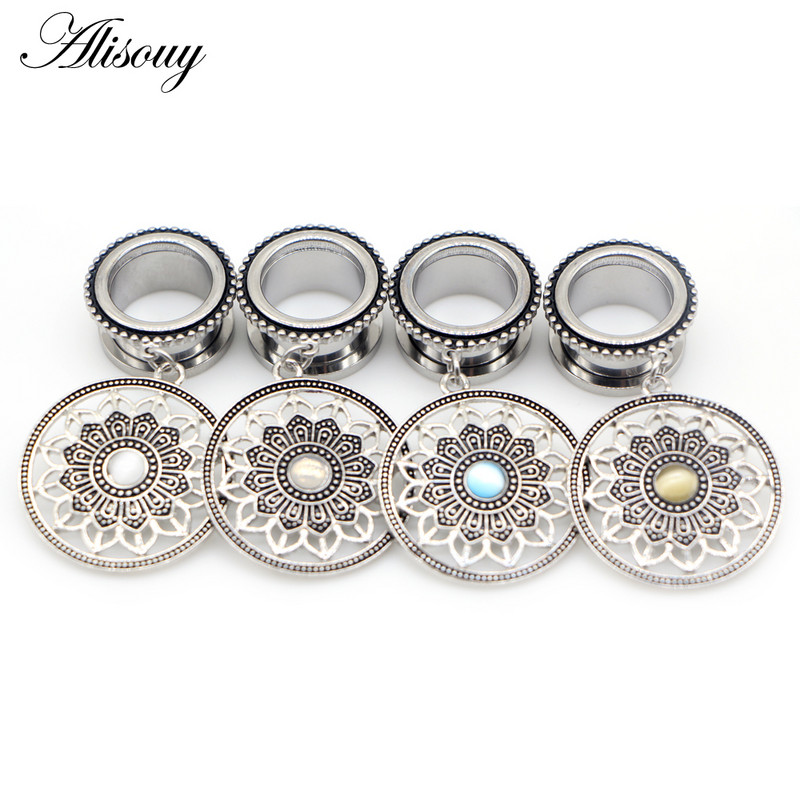 Alisouy 2 buc din oțel inoxidabil, retro, rotund, flori, opal, dopuri pentru urechi, tuneluri, expansor, piercing în carne, bijuterii pentru corp