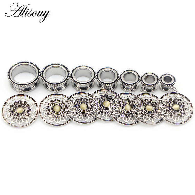 Alisouy 2 buc din oțel inoxidabil, retro, rotund, flori, opal, dopuri pentru urechi, tuneluri, expansor, piercing în carne, bijuterii pentru corp