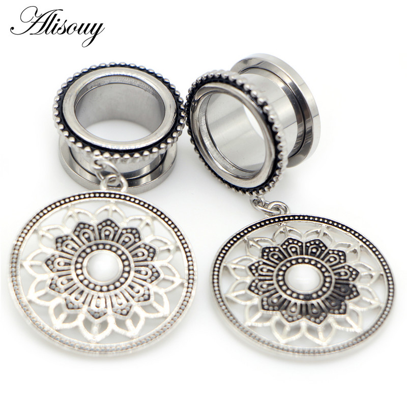Alisouy 2 buc din oțel inoxidabil, retro, rotund, flori, opal, dopuri pentru urechi, tuneluri, expansor, piercing în carne, bijuterii pentru corp