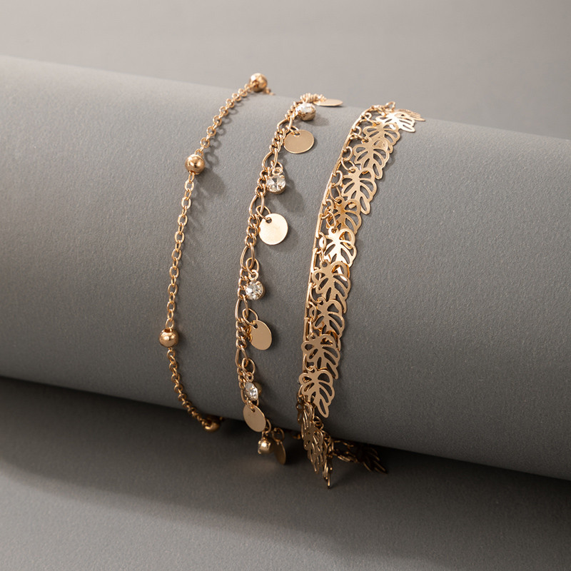 Tocona 3 buc/seturi Charms gleznele cu frunze scobite pentru femei Lanț pentru picioare cu ciucuri Bijuterii de vară reglabile din aliaj de metal 18047