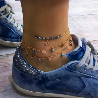 Tocona Punk Boho Gold Color Chain Fish Crystal Tassel Knitting Rope Multi Layer Anklet for Women Party Гривна Бижута за крака