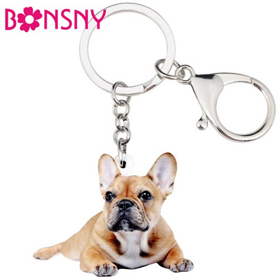 Bonsny akrilo naujovė prancūzų buldogas mopsas šunų raktų pakabukai raktų pakabukas žiedas gyvūnų papuošalai moterims mergaičių rankinė automobilio žavesio aksesuaras