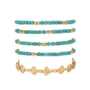 Tocona Retro Bohemia Gold Color Shell Layered Anklet For Women Girl Summber Green Beads Balls Регулируеми вериги Гривни 3258