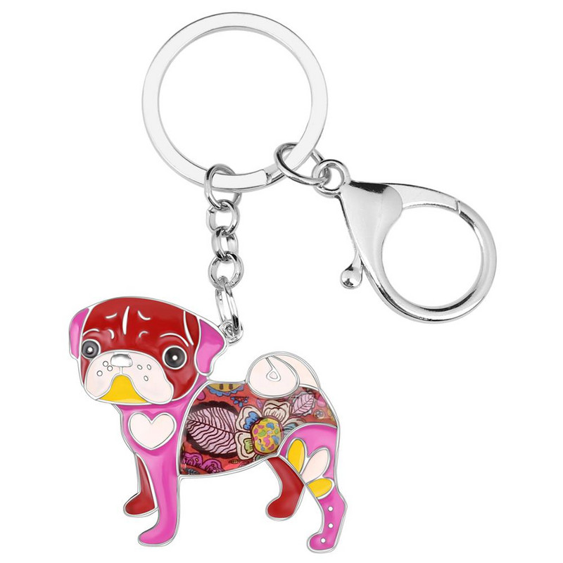 Bonsny email pug câine buldog brelocuri brelocuri inele noutate bijuterii animale pentru femei fete iubitori de animale de companie cadouri geanta pandantiv masina