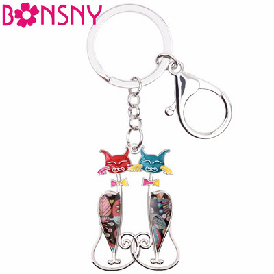 Bonsny Alloy Enamel Cat Kitten Key Chain Ключодържател Дамска дамска чанта за момичета Charm 2017 Нови животински бижута Декорация на ключове за кола