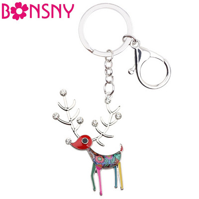Bonsny Емайлирана сплав Elk Deer Ключодържател Kechains Пръстени Новостни животински бижута за жени Момичета Подарък Висулка Дамска чанта Car Charms New