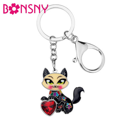 Bonsny ötvözet zománc strassz Sweet Cat Kulcstartók Kulcstartó Tartó Kristály Állat Háziállatok Ékszerek Nőknek Lányoknak Táska Bűvész Ajándék