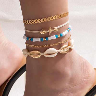 Tocona 6db/szett Shell Bead bokaláncok Női Boho Pigeon Gold Wafer Boho láblánc kötél Nyári Ékszer Nagyker 21254