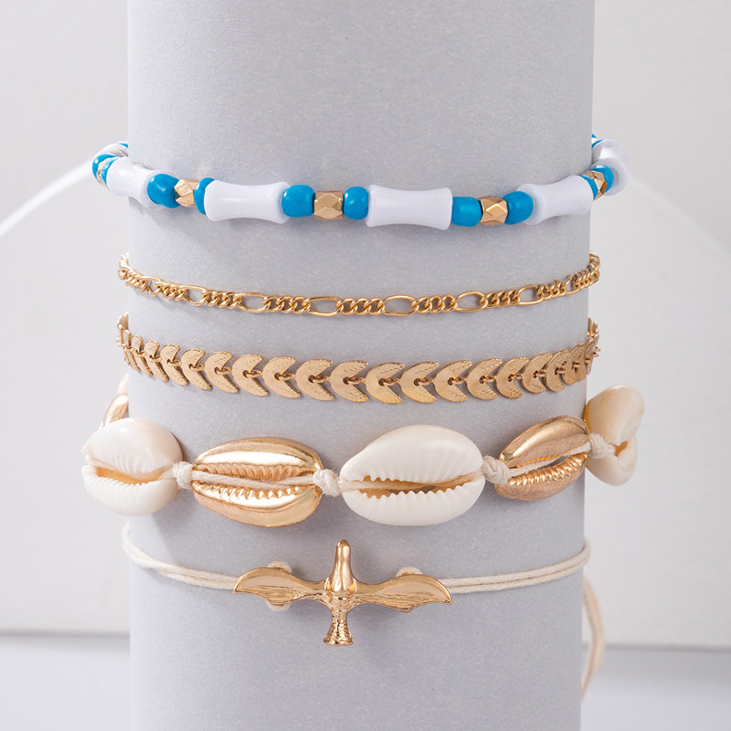 Tocona 6db/szett Shell Bead bokaláncok Női Boho Pigeon Gold Wafer Boho láblánc kötél Nyári Ékszer Nagyker 21254