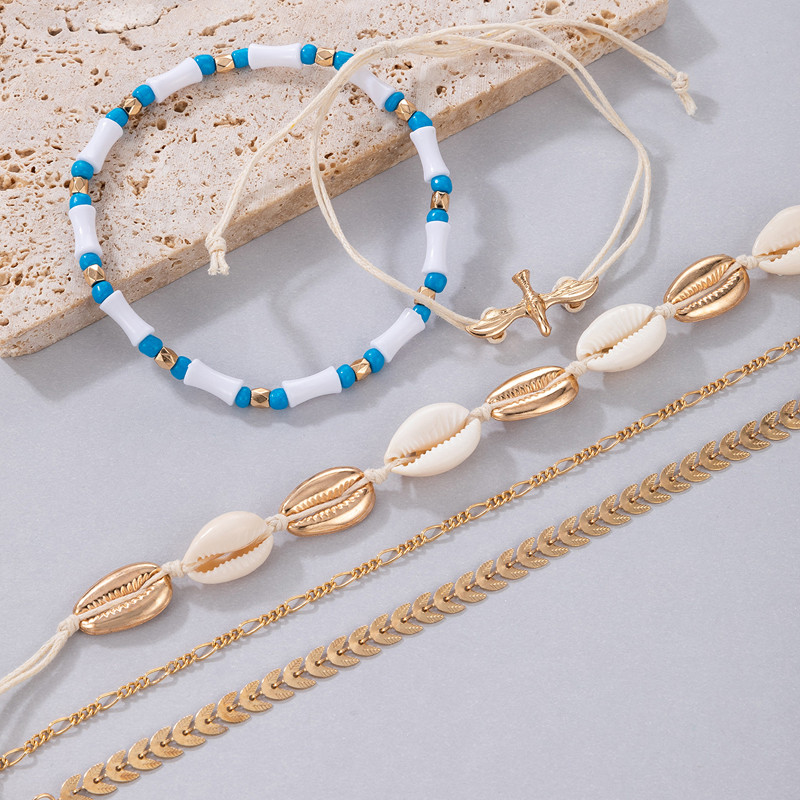 Tocona 6db/szett Shell Bead bokaláncok Női Boho Pigeon Gold Wafer Boho láblánc kötél Nyári Ékszer Nagyker 21254