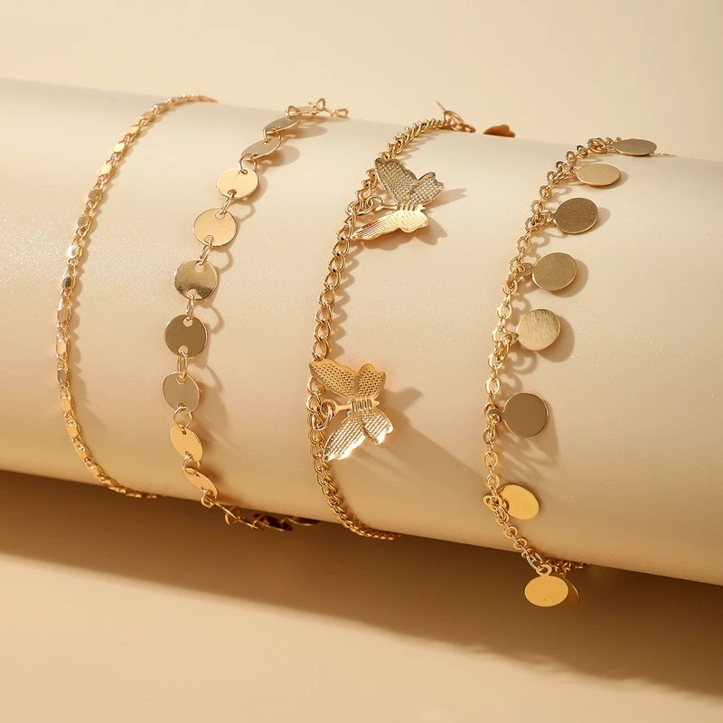 Tocona 4 buc/seturi la modă ciucuri fluture gleznele pentru femei Brelocuri de culoare auriu aliaj metal lanț pentru picioare bijuterii boeme 14985