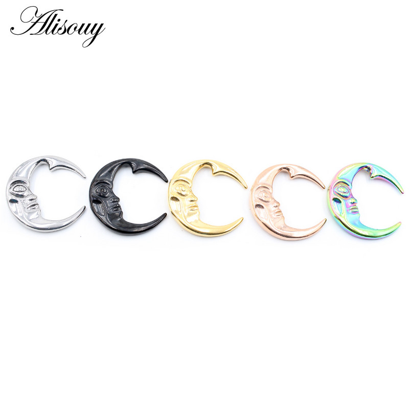 Alisouy 1 buc din oțel inoxidabil 316L, lună, față umană, urechi, greutăți pentru urechi, extensie grea, targă, calibre, cercei, piercing pentru corp, bijuterii