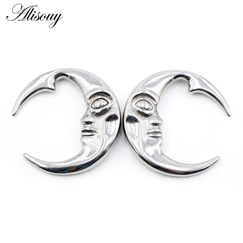 Alisouy 1 buc din oțel inoxidabil 316L, lună, față umană, urechi, greutăți pentru urechi, extensie grea, targă, calibre, cercei, piercing pentru corp, bijuterii