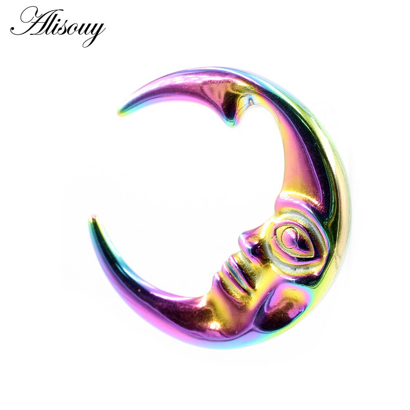 Alisouy 1 buc din oțel inoxidabil 316L, lună, față umană, urechi, greutăți pentru urechi, extensie grea, targă, calibre, cercei, piercing pentru corp, bijuterii