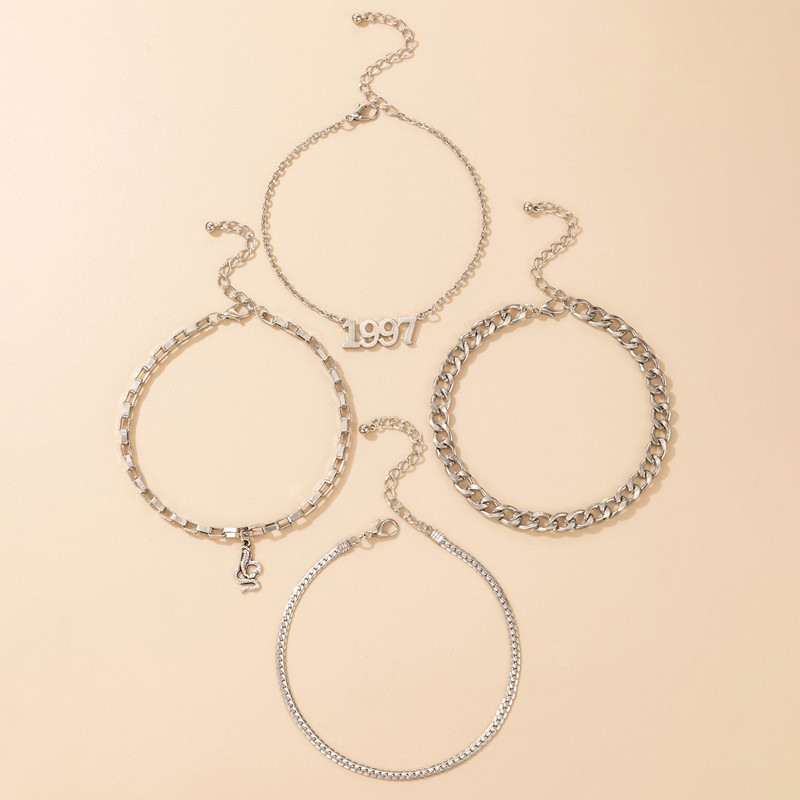 Tocona Bohemian Snake Anklets for Women Charms 1997 Letter Argintiu Din aliaj Metal Lanț pentru picioare Accesorii pentru bijuterii 4buc/seturi