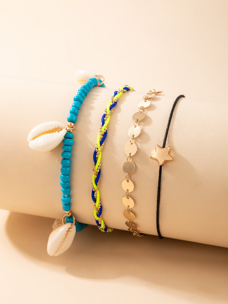 Tocona 4 buc/seturi Boho Shell de culoare aurie gleznele pentru femei frânghie colorate stea mărgele ciucuri lanț pentru picioare accesorii de bijuterii de vară