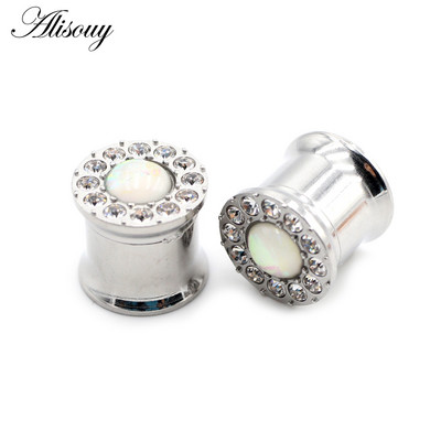 Alisouy 2 buc 6-25 mm din oțel inoxidabil opal zircon tunel pentru urechi dopuri de expansiune pentru carne, calibre, cercei, piercing, bijuterii pentru corp