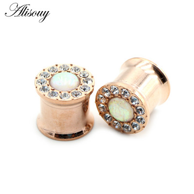 Alisouy 2 buc 6-25 mm din oțel inoxidabil opal zircon tunel pentru urechi dopuri de expansiune pentru carne, calibre, cercei, piercing, bijuterii pentru corp
