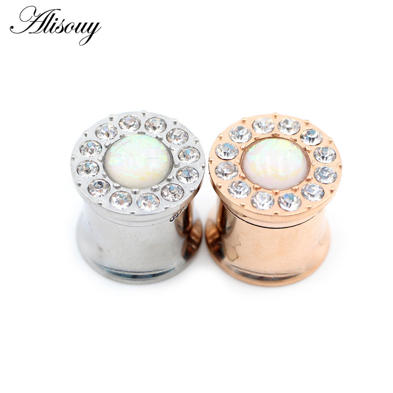 Alisouy 2 buc 6-25 mm din oțel inoxidabil opal zircon tunel pentru urechi dopuri de expansiune pentru carne, calibre, cercei, piercing, bijuterii pentru corp
