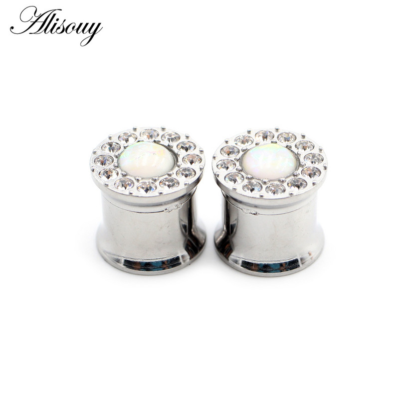 Alisouy 2 buc 6-25 mm din oțel inoxidabil opal zircon tunel pentru urechi dopuri de expansiune pentru carne, calibre, cercei, piercing, bijuterii pentru corp