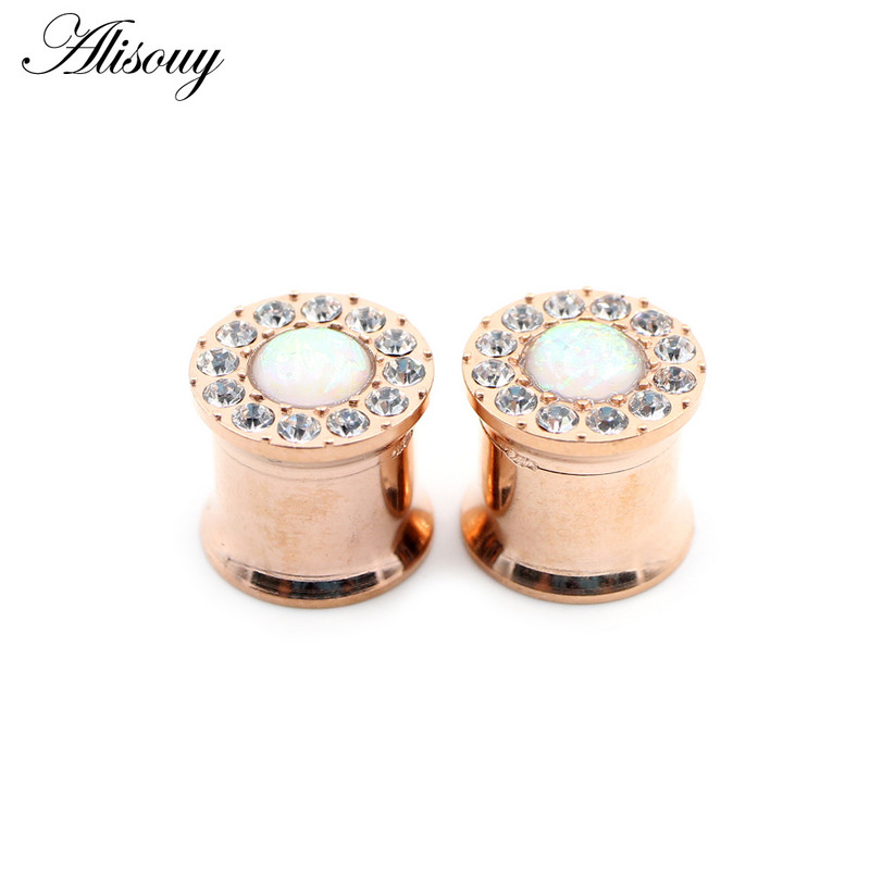 Alisouy 2 buc 6-25 mm din oțel inoxidabil opal zircon tunel pentru urechi dopuri de expansiune pentru carne, calibre, cercei, piercing, bijuterii pentru corp