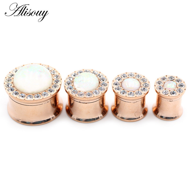 Alisouy 2 buc 6-25 mm din oțel inoxidabil opal zircon tunel pentru urechi dopuri de expansiune pentru carne, calibre, cercei, piercing, bijuterii pentru corp