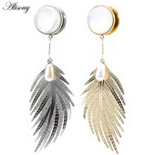 Alisouy 2 bucăți din oțel inoxidabil frunze de opal piatră perle pandantiv carne dopul urechi tunel expansor targă calibre corp piercing bijuterii