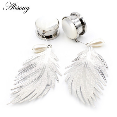 Alisouy 2 bucăți din oțel inoxidabil frunze de opal piatră perle pandantiv carne dopul urechi tunel expansor targă calibre corp piercing bijuterii