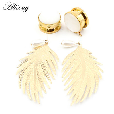 Alisouy 2 bucăți din oțel inoxidabil frunze de opal piatră perle pandantiv carne dopul urechi tunel expansor targă calibre corp piercing bijuterii