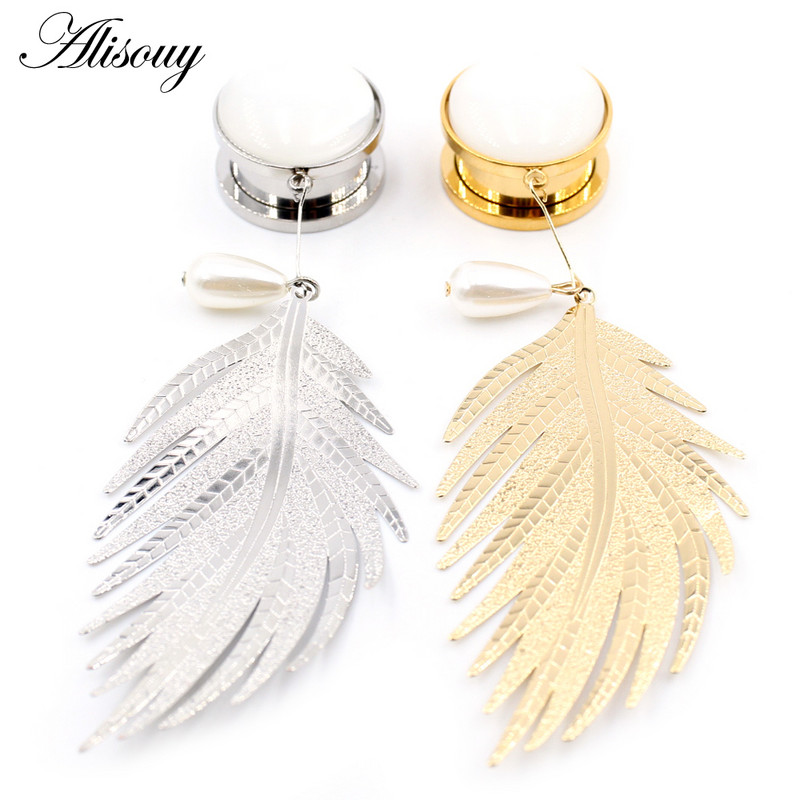 Alisouy 2 bucăți din oțel inoxidabil frunze de opal piatră perle pandantiv carne dopul urechi tunel expansor targă calibre corp piercing bijuterii