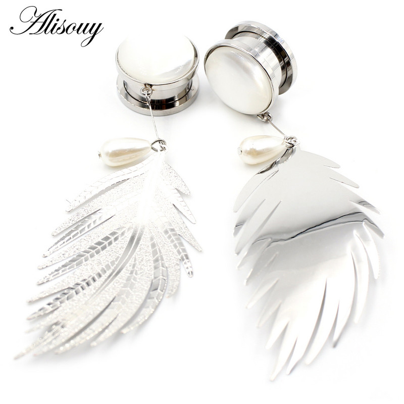 Alisouy 2 bucăți din oțel inoxidabil frunze de opal piatră perle pandantiv carne dopul urechi tunel expansor targă calibre corp piercing bijuterii