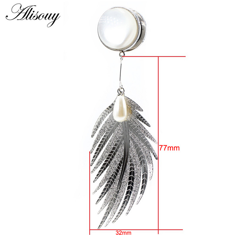 Alisouy 2 bucăți din oțel inoxidabil frunze de opal piatră perle pandantiv carne dopul urechi tunel expansor targă calibre corp piercing bijuterii