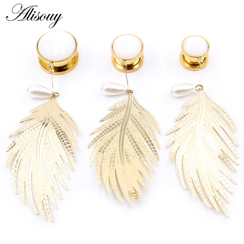 Alisouy 2 bucăți din oțel inoxidabil frunze de opal piatră perle pandantiv carne dopul urechi tunel expansor targă calibre corp piercing bijuterii