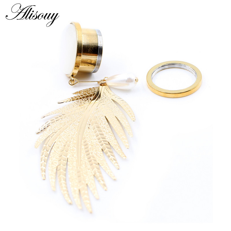 Alisouy 2 bucăți din oțel inoxidabil frunze de opal piatră perle pandantiv carne dopul urechi tunel expansor targă calibre corp piercing bijuterii