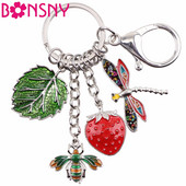 Bonsny Alloy Bee Strawberry Dragonfly Leaf Kulcstartó Kulcstartó Gyűrűk Újdonság Ékszer Női Lányoknak Kézitáska Autós Bűvész Ajándék Új