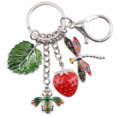 Bonsny Alloy Bee Strawberry Dragonfly Leaf Kulcstartó Kulcstartó Gyűrűk Újdonság Ékszer Női Lányoknak Kézitáska Autós Bűvész Ajándék Új