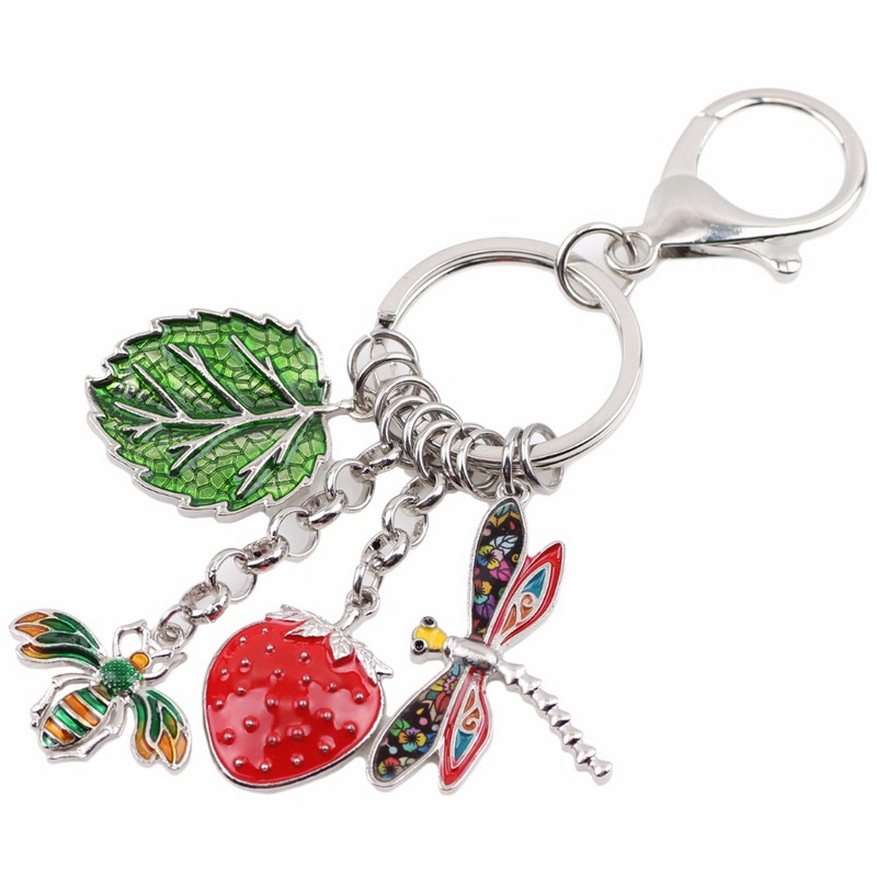 Bonsny Alloy Bee Strawberry Dragonfly Leaf Kulcstartó Kulcstartó Gyűrűk Újdonság Ékszer Női Lányoknak Kézitáska Autós Bűvész Ajándék Új