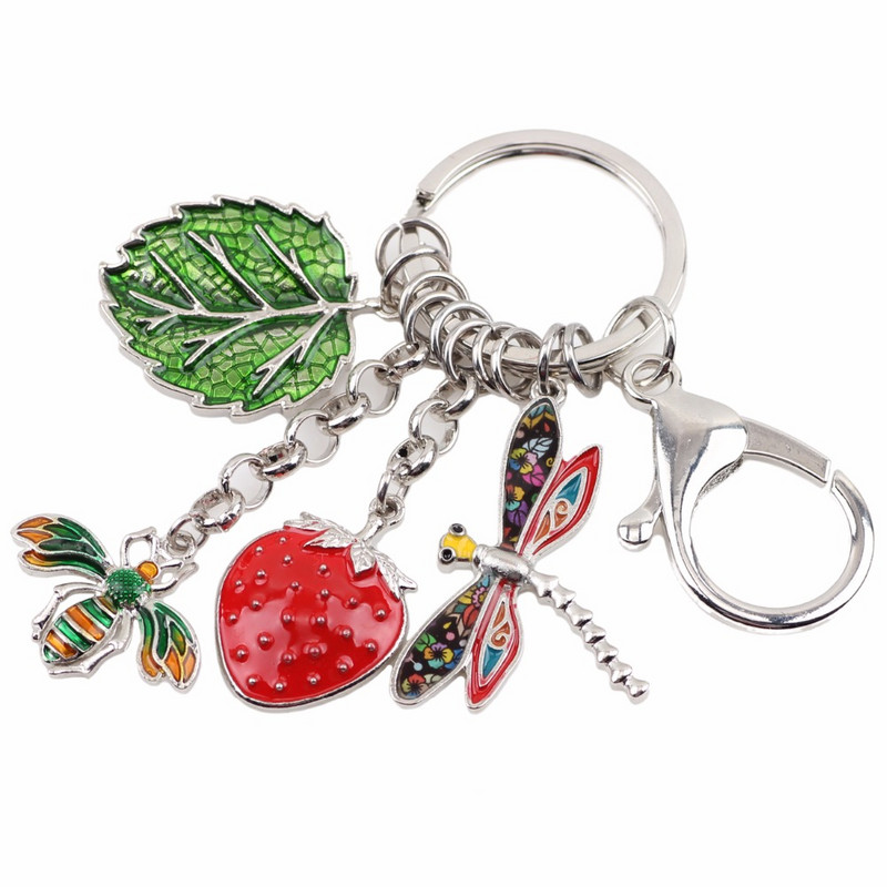 Bonsny Alloy Bee Strawberry Dragonfly Leaf Kulcstartó Kulcstartó Gyűrűk Újdonság Ékszer Női Lányoknak Kézitáska Autós Bűvész Ajándék Új