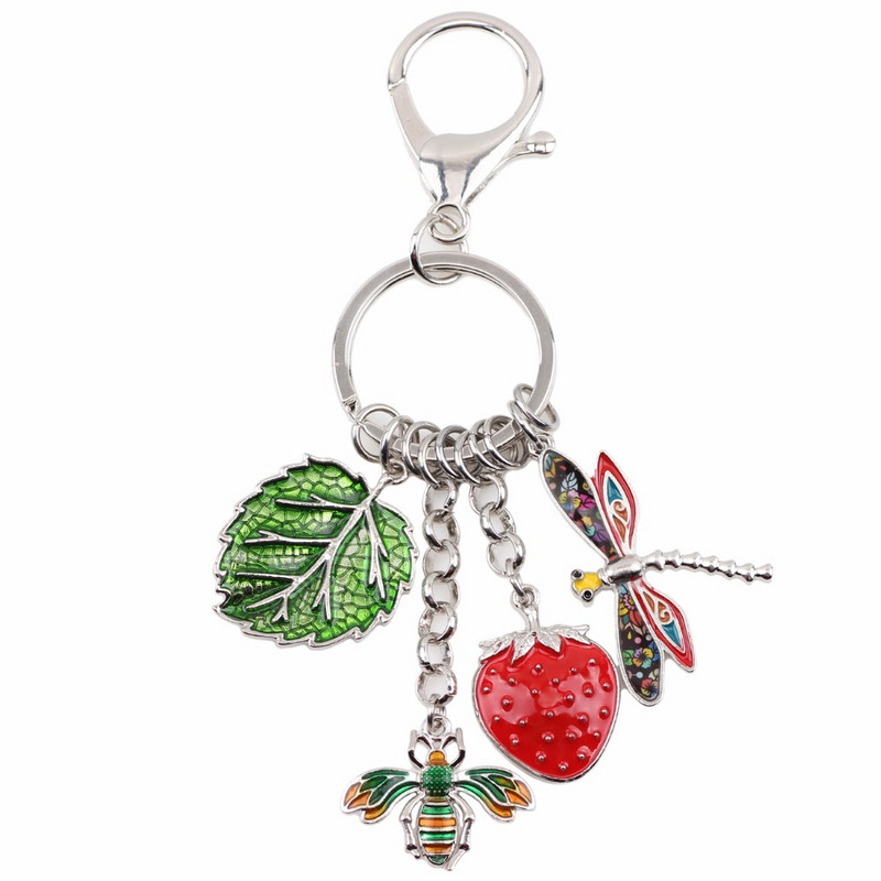 Bonsny Alloy Bee Strawberry Dragonfly Leaf Kulcstartó Kulcstartó Gyűrűk Újdonság Ékszer Női Lányoknak Kézitáska Autós Bűvész Ajándék Új