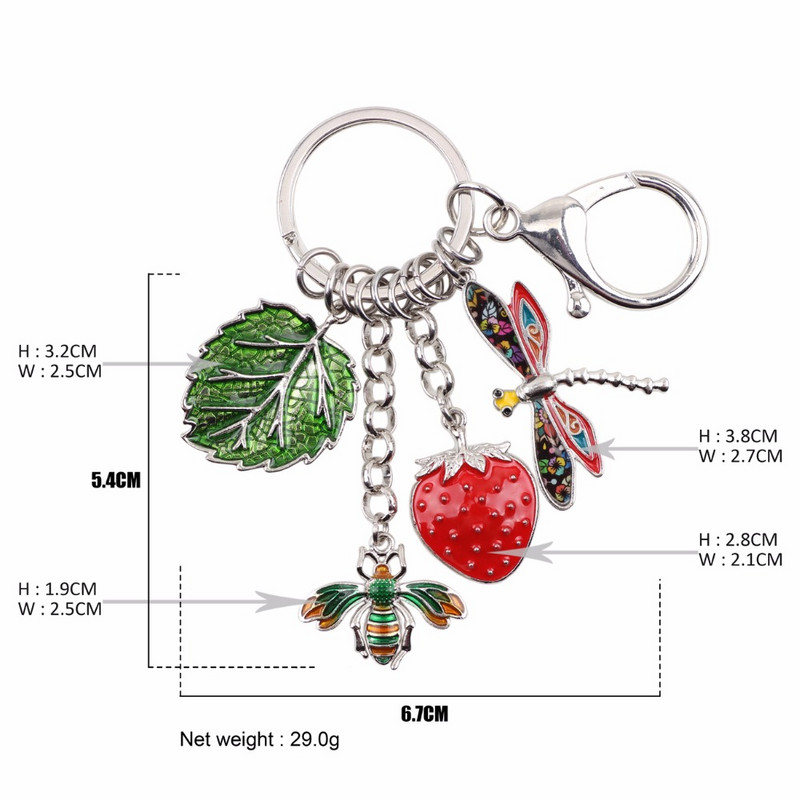 Bonsny Alloy Bee Strawberry Dragonfly Leaf Kulcstartó Kulcstartó Gyűrűk Újdonság Ékszer Női Lányoknak Kézitáska Autós Bűvész Ajándék Új
