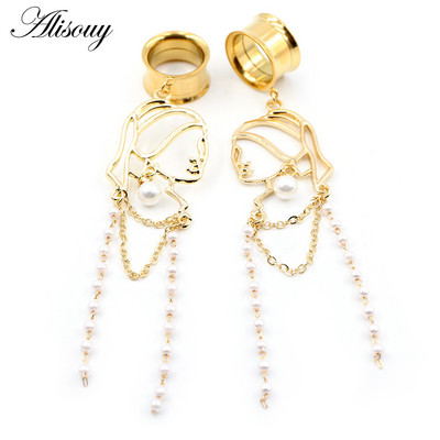 Alisouy 2 bucăți din oțel inoxidabil pentru fată pentru femeie, lanț de perle pandantiv, dopuri pentru urechi, tunel expansor, calibre, piercing, bijuterii pentru corp