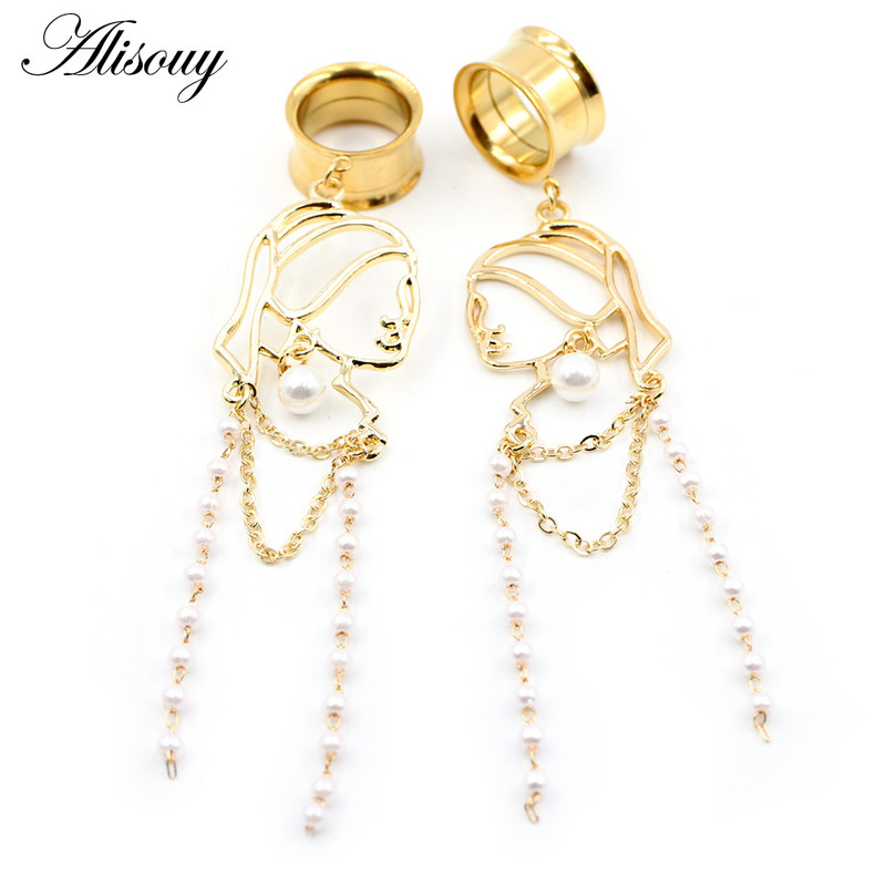 Alisouy 2 bucăți din oțel inoxidabil pentru fată pentru femeie, lanț de perle pandantiv, dopuri pentru urechi, tunel expansor, calibre, piercing, bijuterii pentru corp