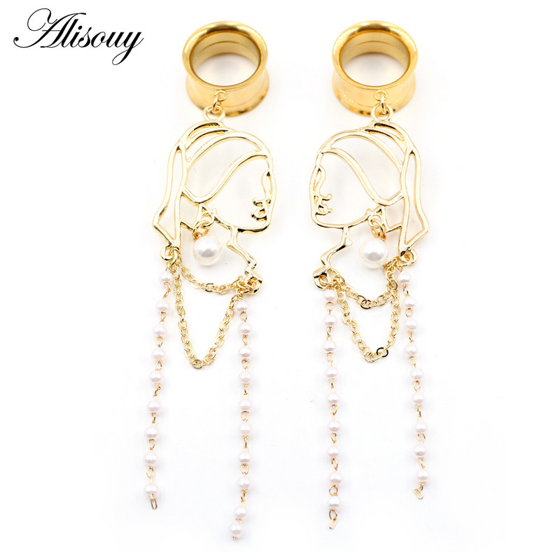 Alisouy 2 bucăți din oțel inoxidabil pentru fată pentru femeie, lanț de perle pandantiv, dopuri pentru urechi, tunel expansor, calibre, piercing, bijuterii pentru corp