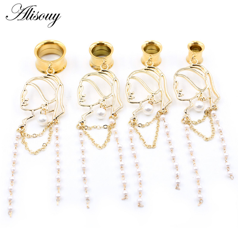 Alisouy 2 bucăți din oțel inoxidabil pentru fată pentru femeie, lanț de perle pandantiv, dopuri pentru urechi, tunel expansor, calibre, piercing, bijuterii pentru corp