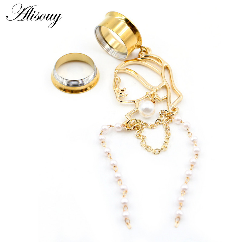 Alisouy 2 bucăți din oțel inoxidabil pentru fată pentru femeie, lanț de perle pandantiv, dopuri pentru urechi, tunel expansor, calibre, piercing, bijuterii pentru corp